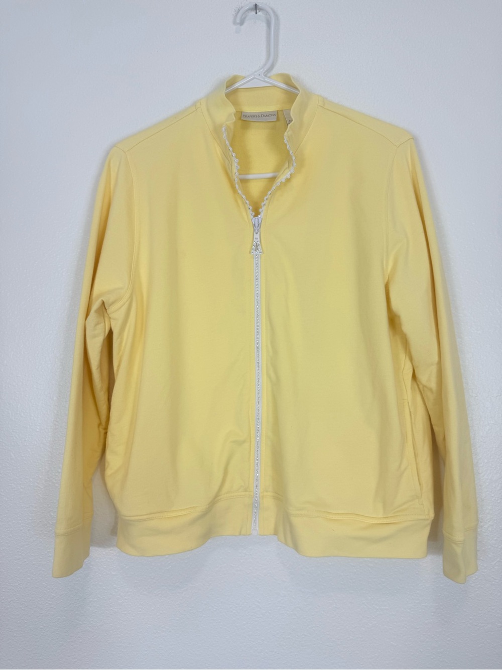 Pastel Yellow Full Zip Sweatshirt With Rhinestone Zipper Long Sleeve